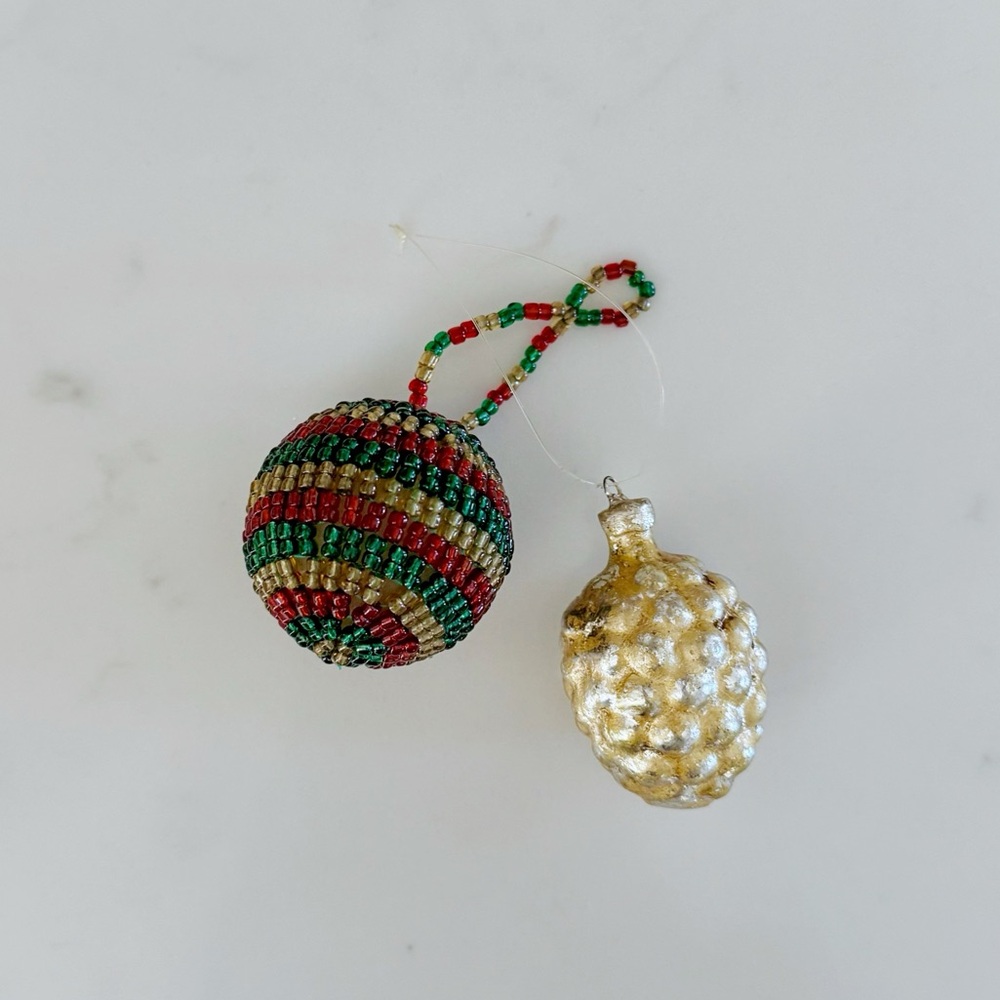 Vintage Christmas Ornaments: German Mercury Glass Grapes & Red Green Beaded Ball